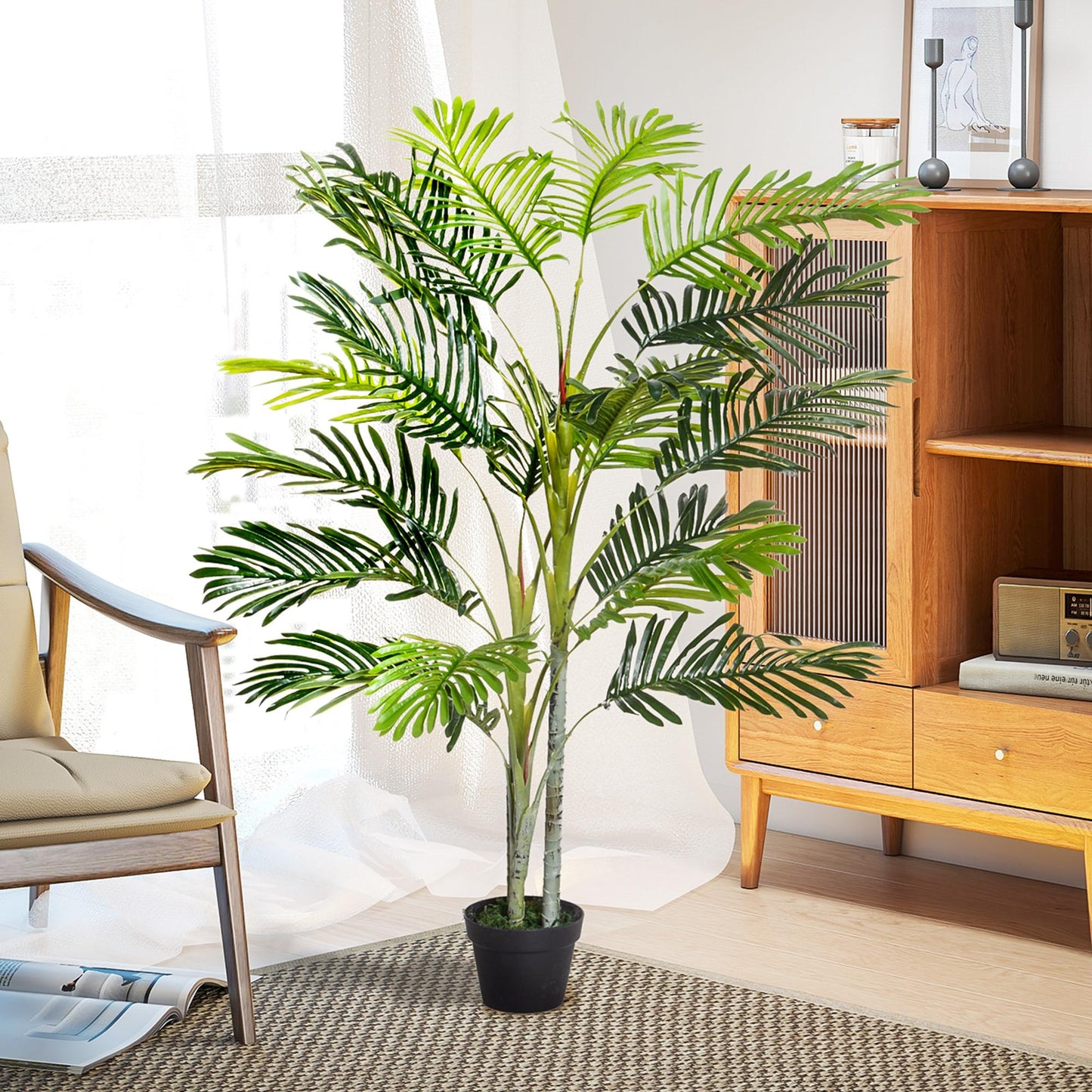 Outsunny Planta Artificial Palmera 150 cm Árbol Artificial con Maceta y Musgo para Decoración Interior Salón Oficina Balcón Ø18x150 cm Verde