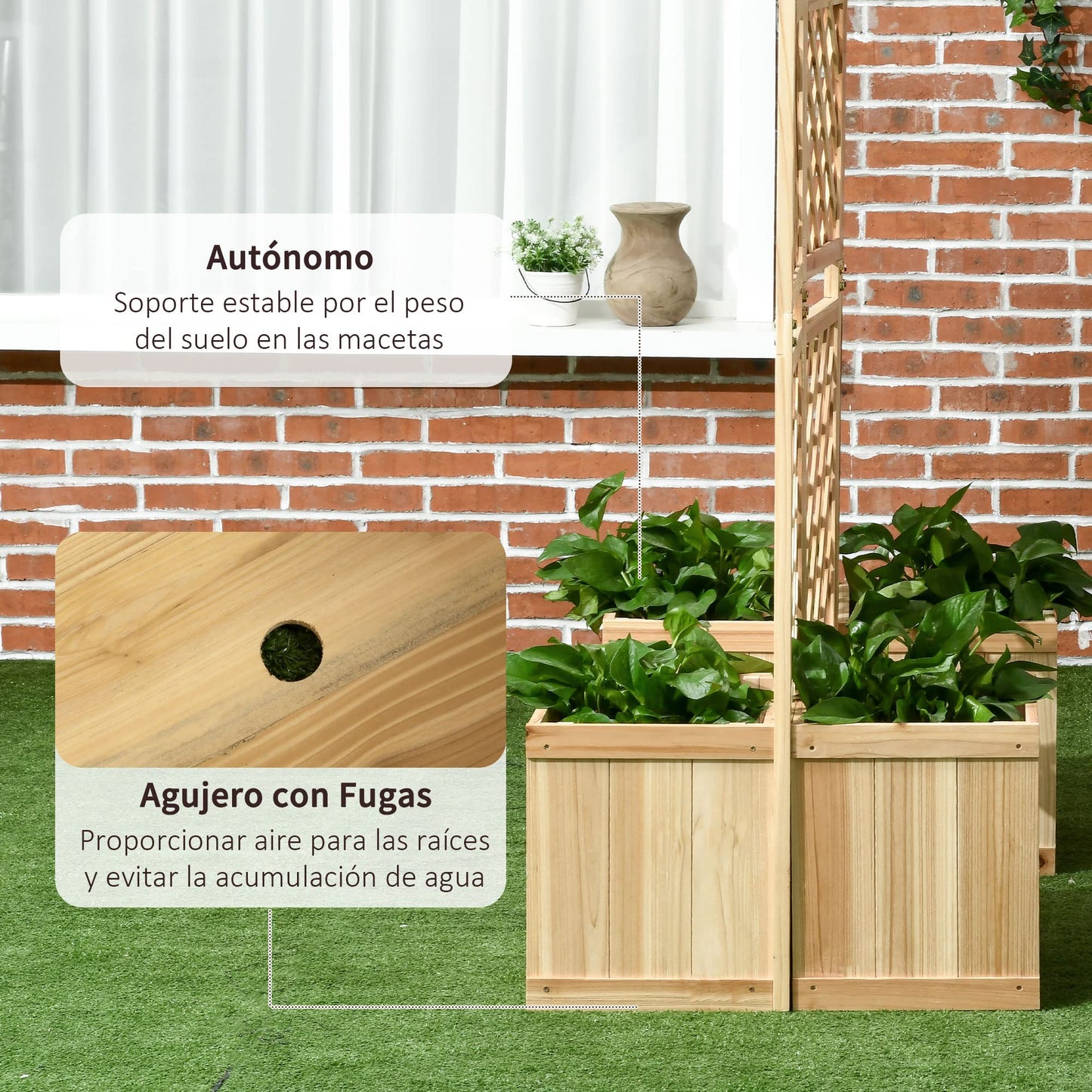 Outsunny Biombo Exterior de 3 Paneles de Madera con 4 Macetas Pantalla de Privacidad de Jardín con Orificios de Drenaje Separador de Ambientes para Terraza Patio 133x62x165 cm Natural