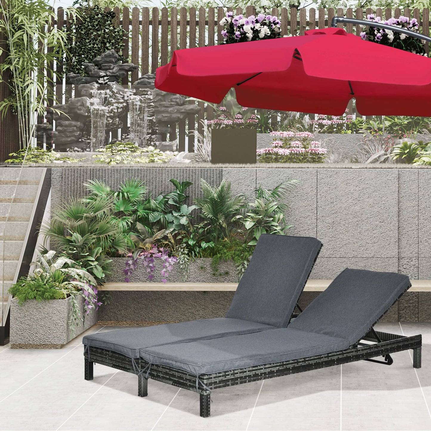 Outsunny Conjunto de Tumbona Exterior de Ratán 2 Plazas con Cojines Acolchados Resistente al Agua con Respaldo Regulable de 5 Niveles Soporta 220 kg 195x120x28 cm Gris