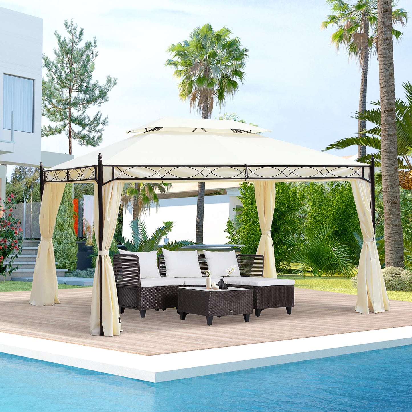 Outsunny Cenador de Jardín 4x3m Pabellón con Techo Doble Transpirable y 4 Cortinas Laterales Extraíbles Carpa de Acero Anti-UV Gazebo para Fiestas Bodas Eventos al Aire Libre Crema