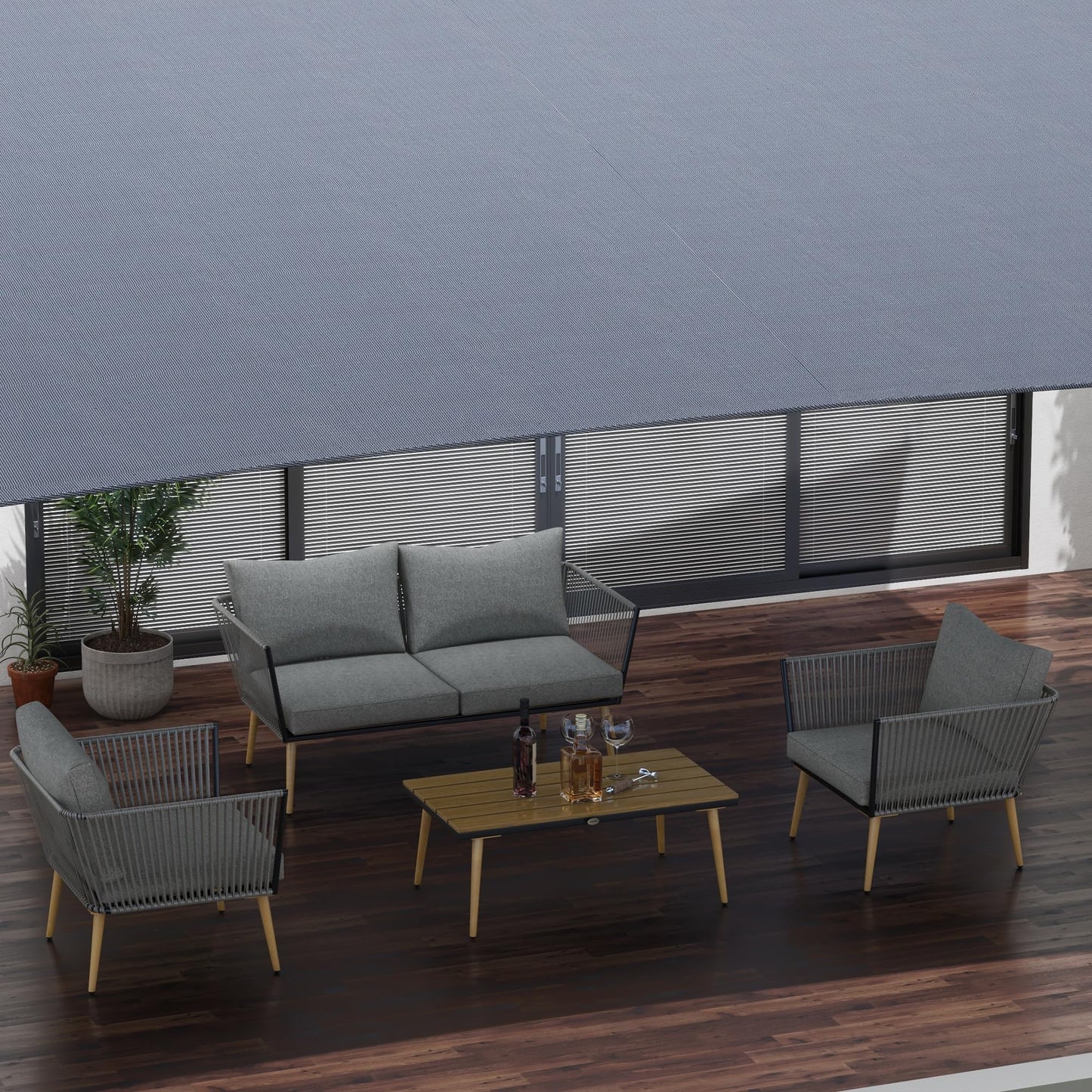Outsunny Juego de Muebles de Jardín de Ratán 4 Piezas Juego de Conversación Incluye Sofá de 2 Plazas 2 Sillones y Mesa de Centro de Tablero de Madera y Plástico Cojines para Terraza Patio Gris