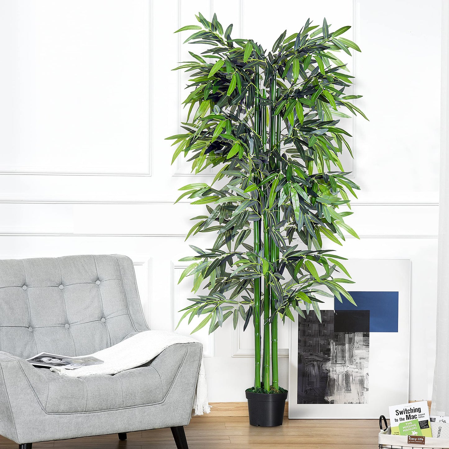 Outsunny Bambú Artificial 180 cm con Cañas Naturales Planta Artificial con Maceta Árbol Decorativo para Hogar Salón Oficina Verde