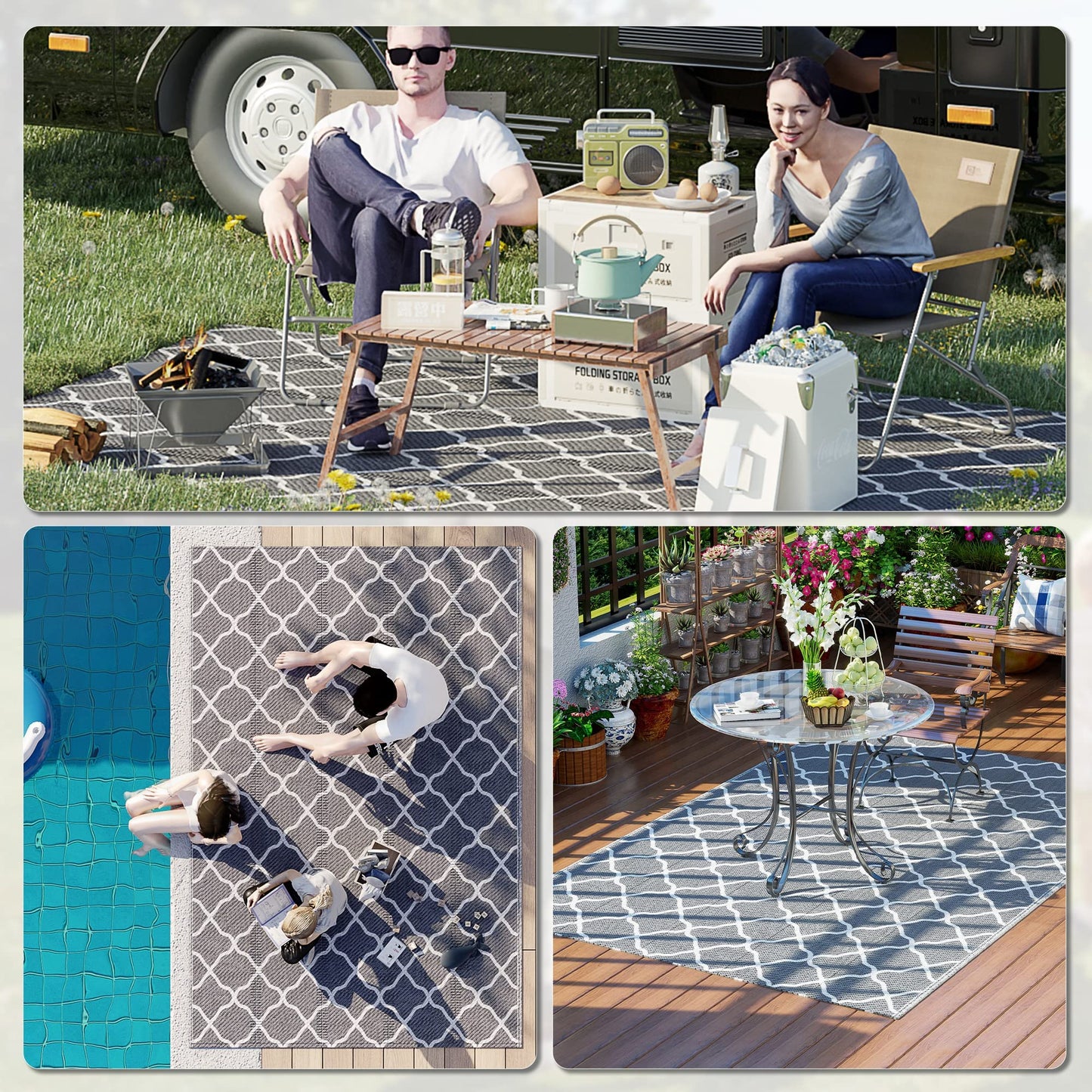 Outsunny Alfombra Exterior 182x274 cm Alfombra Moderna Alfombra Reversible de Plástico Impermeable para Terraza Balcón Patio Camping Playa Gris y Blanco