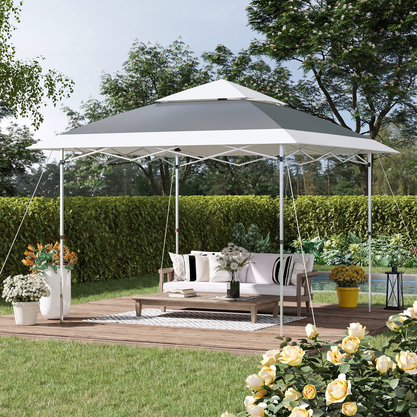 Outsunny Carpa de Fiesta Plegable 3,6x3,6 m Altura Ajustable en 3 Posiciones con Doble Techo y Bolsa de Transporte con Ruedas Marco de Acero Impermeable Gazebo para Jardín Exterior Gris y Blanco
