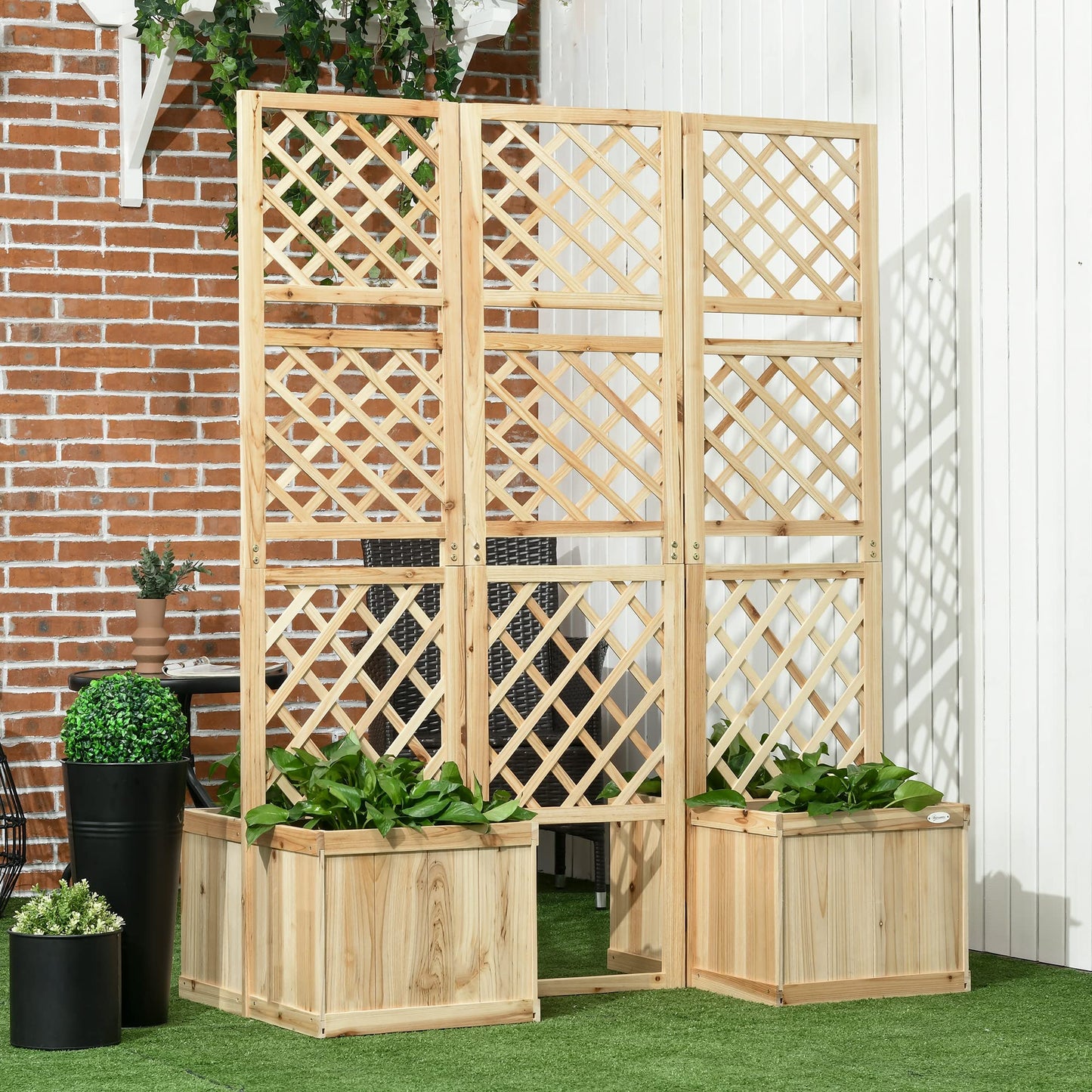 Outsunny Biombo Exterior de 3 Paneles de Madera con 4 Macetas Pantalla de Privacidad de Jardín con Orificios de Drenaje Separador de Ambientes para Terraza Patio 133x62x165 cm Natural