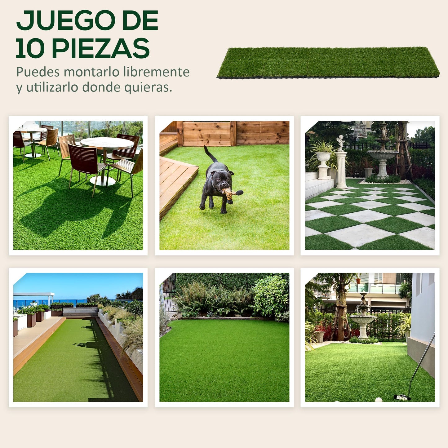 Outsunny Césped Artificial de 10 Piezas Alfombra Césped Artificial 30x30 cm con Altura de Hierba 25 mm Anti-UV Césped Sintético para Jardín Patio Balcón Verde Oscuro