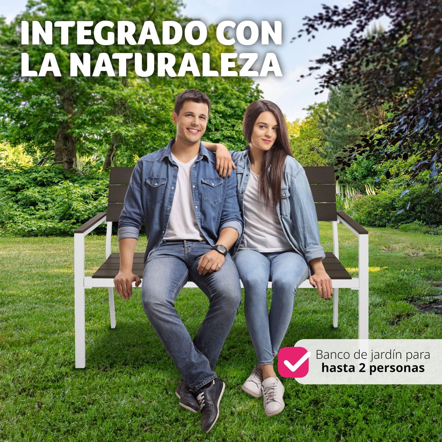 TecTake® Banco de Jardín Moderno para Dos Personas, Estructura de Aluminio Resistente, Banco Jardin, Asiento de Poliestireno Efecto Madera, Ideal para Patio y Terraza Exterior - Oscuro/Blanco