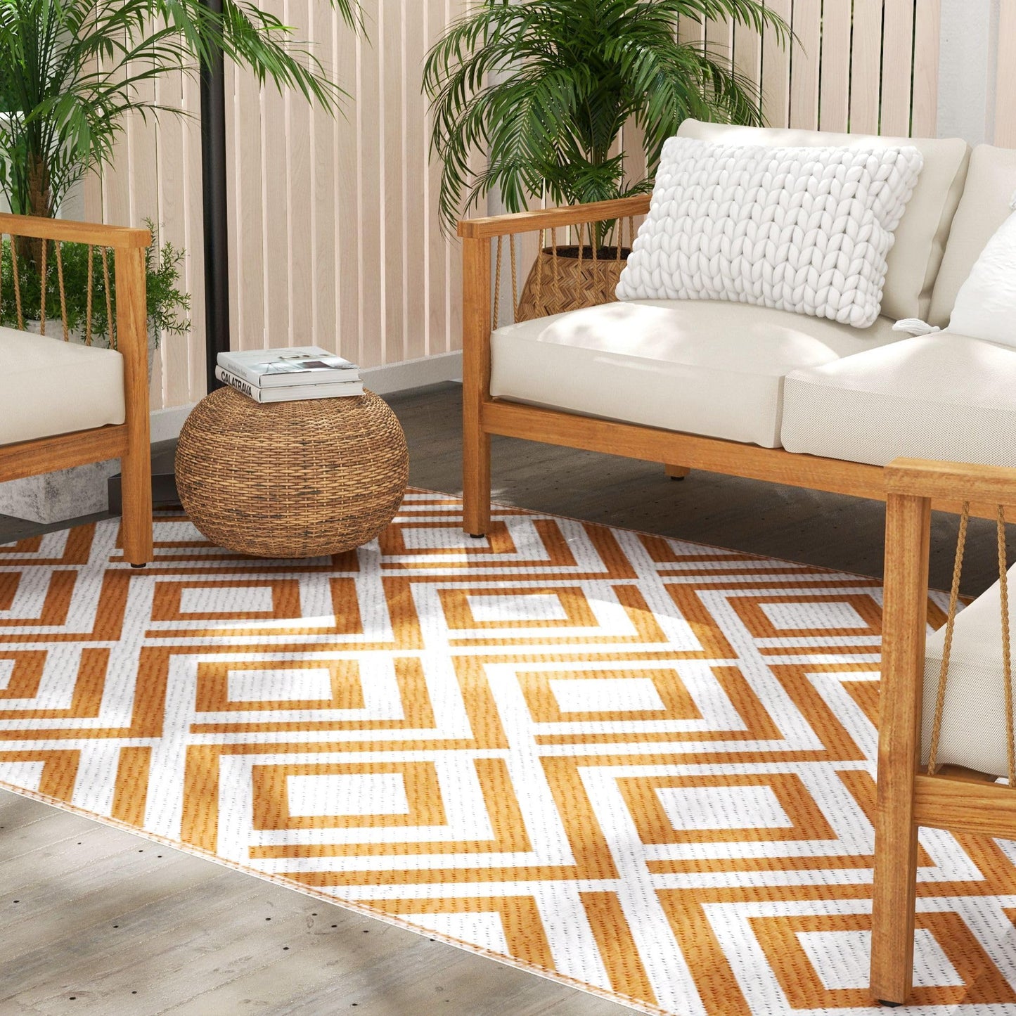 Outsunny Alfombra de Exterior 182x274 cm Alfombra Reversible Manta de Pícnic Estilo Moderno para Terraza Balcón Patio Camping Playa Marrón y Blanco