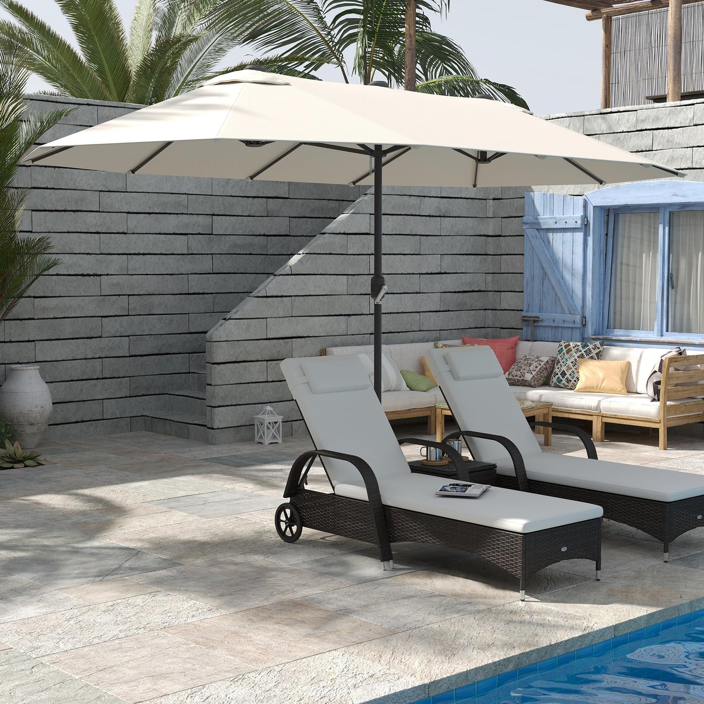 Outsunny Sombrilla Parasol Doble para Jardín Sombrilla Gigantede para Playa Carpas Toldos de Terraza Tela de Poliéster Protección Solar UV 4.6x2.7x2.4m Crema