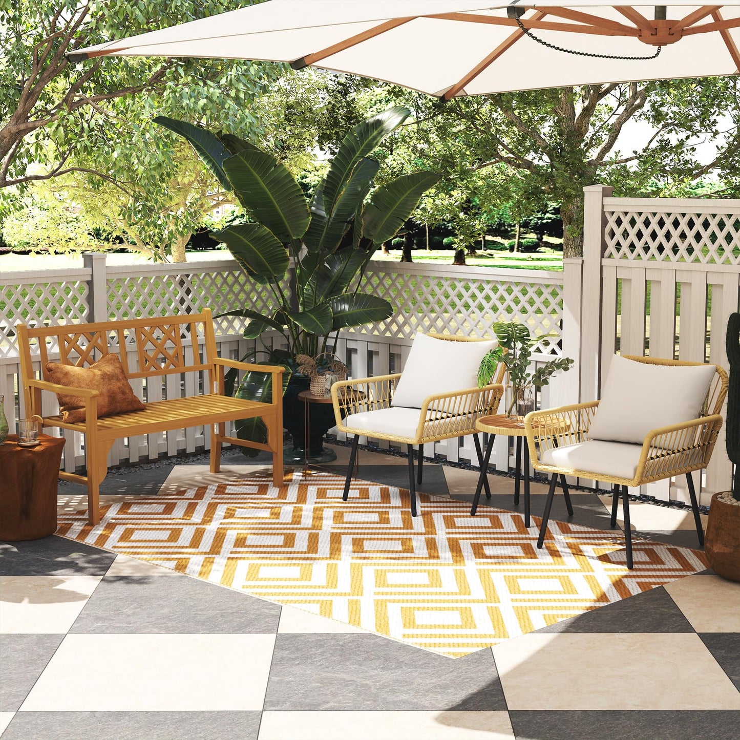 Outsunny Alfombra de Exterior 182x274 cm Alfombra Reversible Manta de Pícnic Estilo Moderno para Terraza Balcón Patio Camping Playa Marrón y Blanco