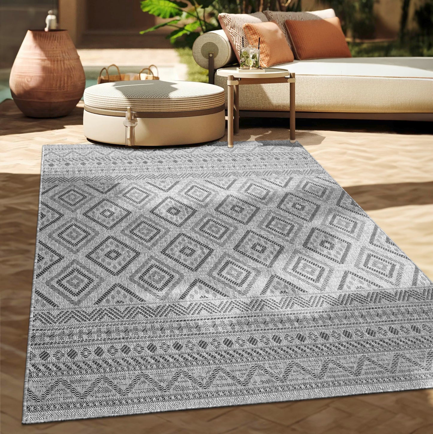 Paco Home Alfombra Exterior Interior Balcón Terraza Cocina Motivo Boho Étnico Moderno, tamaño:80 cm Redon, Color:Antracita