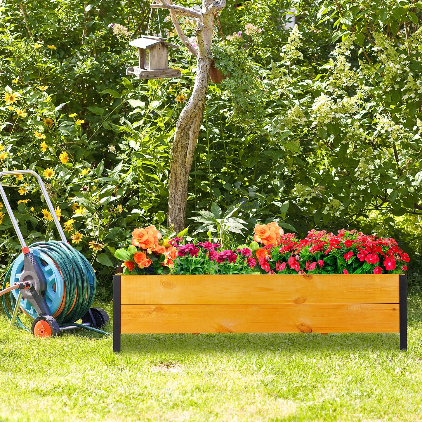 Relaxdays Huerto Urbano con Tela, 32,5x118x35 cm, Jardinera Madera Terraza, Balcón y Jardín, Rectangular, Marrón Natural