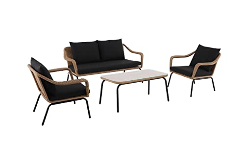 METRO Professional Conjunto Jardin Exterior, 4 Piezas, 1 Mesa, 1 sofá, 2 sillones Individuales, poliratán/Acero/poliéster, Cojines para Sofa, Outdoor, Resistente a la Intemperie, marrón/Negro