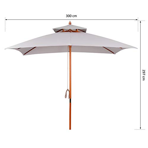 Outsunny Sombrilla de Jardín 3x3x3 m Parasol de Jardín de Bambú con Doble Techo Sistema de Polea Impermeable para Terraza Balcón Exterior Gris