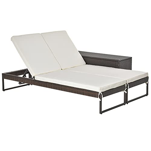 Outsunny Conjunto de 2 Tumbonas de Jardín con Cojines Acolchados Ratán con Mesa Auxiliar para Piscina o Terraza Carga 160 kg 195x60x86 cm Acero Marrón