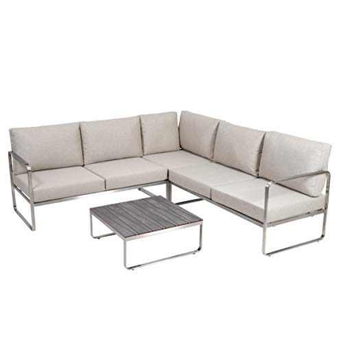 Greemotion Conjunto Muebles de Jardín Sydney 4 Piezas, Juego de Sofá Esquinero de Acero Inoxidable Cepillado para 5 Personas con Mesa, Cojines Incluidos, Plateado