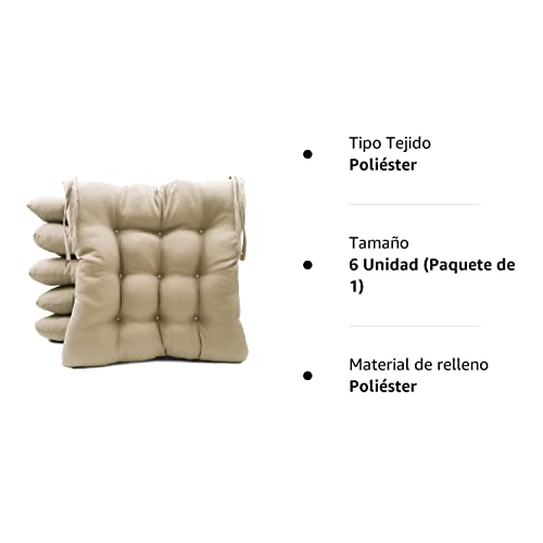 Meishida Pack de 6 Cojines para Sillas de Exterior e Interior Reversibles 40 x 40 x 7 cm, con Correas de Sujeción (Beige)