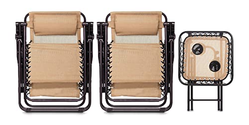 Amazon Basics sillas con gravedad cero y mesa auxiliar, para Oficina, Plegable, Soporte de cabeza, Reclinable, Acero aleado, Paquete de 2, Beige