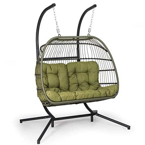 Blumfeldt Columpio Jardin Exterior Doble, Silla Colgante con Soporte para Colgar con Base para Jardín Patio y Dormitorio, Hamaca Colgante con 2 Cojines, Balancin Jardin Exterior Mimbre Resistente