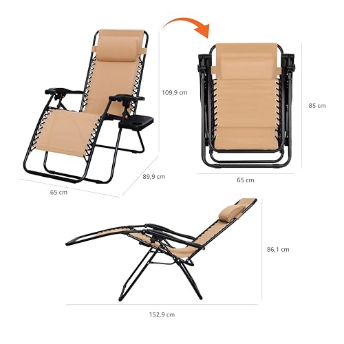 Amazon Basics sillas con gravedad cero y mesa auxiliar, para Oficina, Plegable, Soporte de cabeza, Reclinable, Acero aleado, Paquete de 2, Beige
