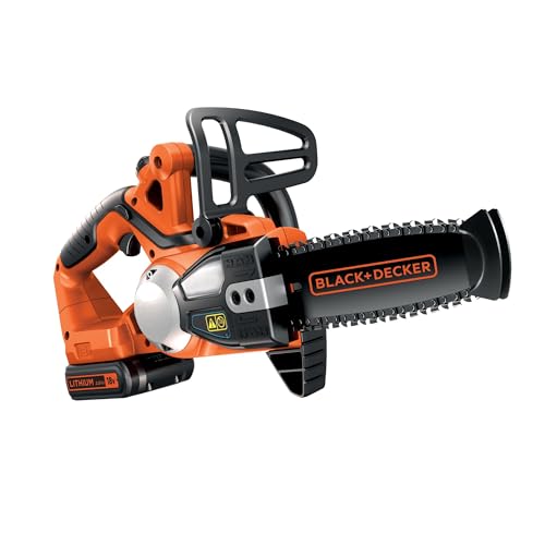 BLACK+DECKER Motosierra a Batería 18V, Batería de litio 2Ah, Espada 20cm, Velocidad Cadena 3,1m/s, Hasta 200 Cortes por Carga, para Poda y Leña - GKC1820L20-QW