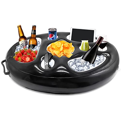 AMOBON Hinchables Posavasos Piscina, 8 Agujeros Flotador Bar Piscina, Soporte para Vasos de Bebidas Accesorios Adultos para Piscina Fiesta Playa (Black)