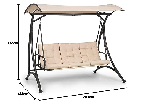 blumfeldt Marbella - Columpio balancín Hollywood, 3 plazas, Estructura Acero Revestido en Polvo, Cojines 8 cm Grosor, Fundas poliéster, Toldo arqueado, Protección UV, Respaldo reclinable, Crema