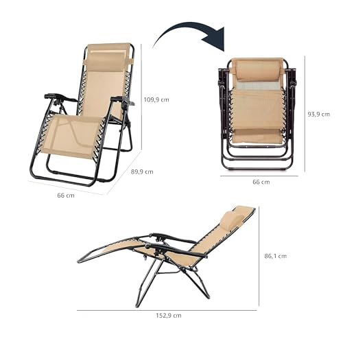Amazon Basics sillas con gravedad cero y mesa auxiliar, para Oficina, Plegable, Soporte de cabeza, Reclinable, Acero aleado, Paquete de 2, Beige
