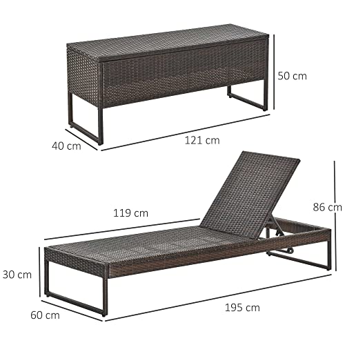 Outsunny Conjunto de 2 Tumbonas de Jardín con Cojines Acolchados Ratán con Mesa Auxiliar para Piscina o Terraza Carga 160 kg 195x60x86 cm Acero Marrón