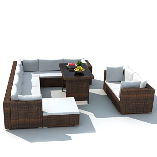Deufre Muebles de Jardín Exterior 10 Piezas, Sofá Exterior, Conjunto de Jardín de Ratán, Muebles de Terraza,Sofa Jardin Exterior con Cojines para Terraza Balcón (Marrón)