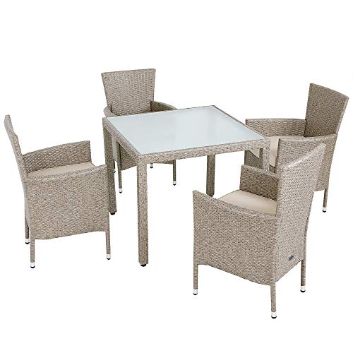 Deuba Conjunto de Poliratán 4+1 Mesa 90x90cm 4 Sillas Apilables Cojines Lavables Muebles de Jardín