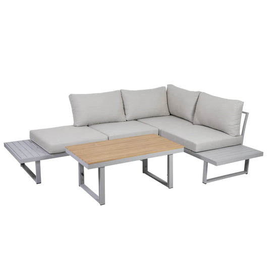 Greemotion Conjunto Muebles de Jardín Aruba 3 Piezas, Juego de Sofá Esquinero de Aluminio para 4 Personas con Mesa, Cojines Incluidos, Gris
