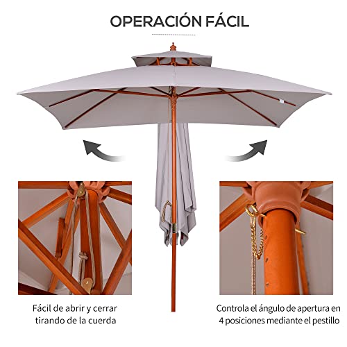 Outsunny Sombrilla de Jardín 3x3x3 m Parasol de Jardín de Bambú con Doble Techo Sistema de Polea Impermeable para Terraza Balcón Exterior Gris