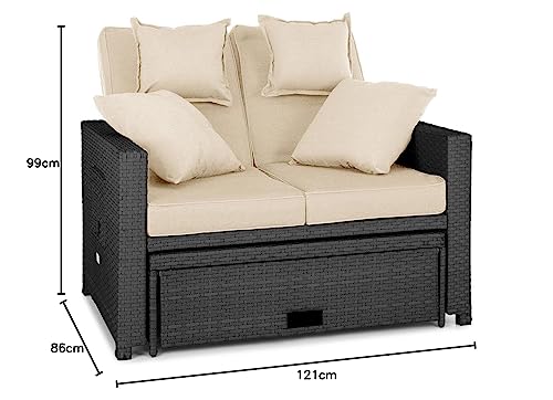 blumfeldt Komfortzone Sofá de ratán Dos plazas con Mesa Plegable (resplado inclinable, apoya pies, para jardín y terrazas, Tumbona, snackbar) - Negro