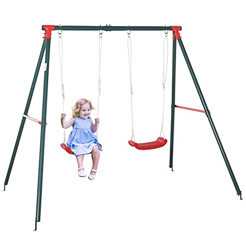 Outsunny Columpio Doble para Niños +3 Años con Soporte de Metal Juego de Columpio Infantil Cuerda Ajustable Exteriores Carga Máx. 40kg 239x156x180 cm Verde Rojo