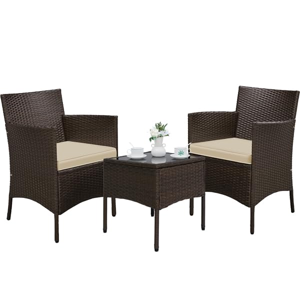 Yaheetech Conjunto de Muebles de Jardín Exterior Juego de Sillas y Mesa Terraza con Cojines Sillas de Ratán PE para Balcon