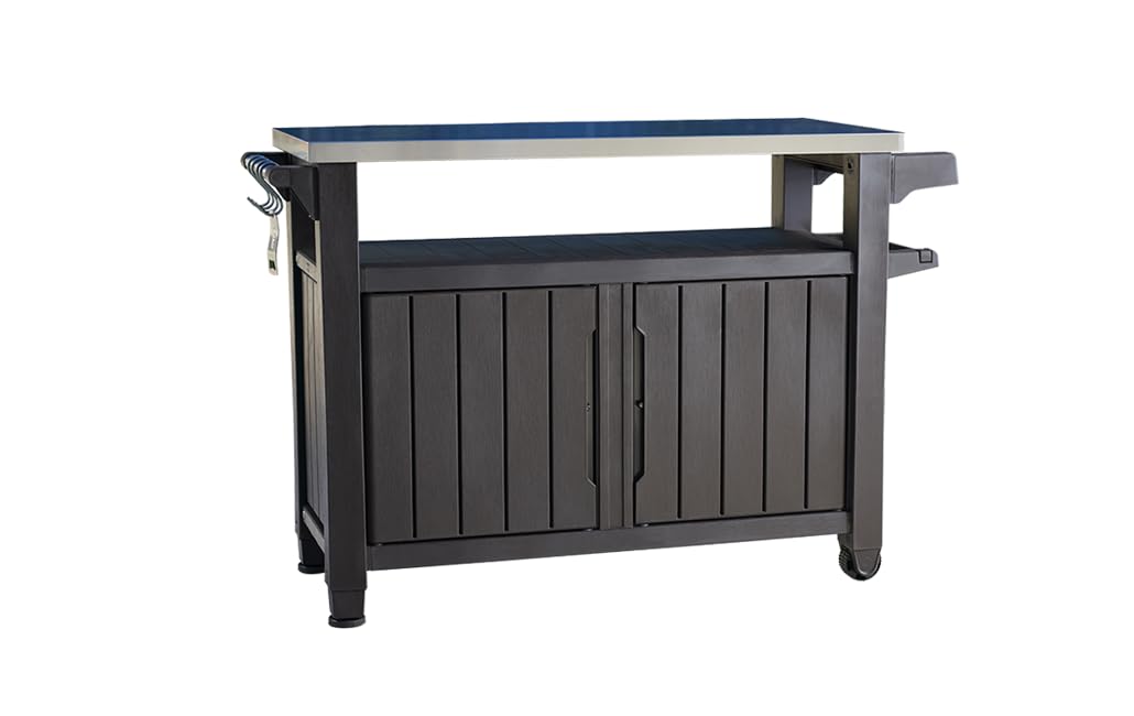 Keter Mueble Barbacoa Grande para terraza o jardín Exterior con Ruedas, Capacidad 207 litros, Color Marrón