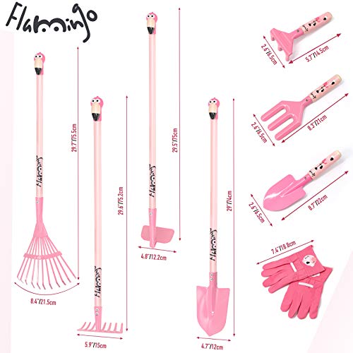 Hortem Las herramientas de jardinería para niños incluyen herramientas largas de metal con cabeza 3D de flamenco, pala, guante de jardín para niños, regalos de jardinería de Halloween para niños
