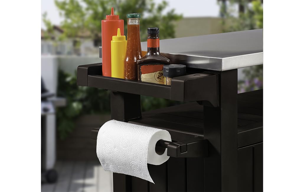 Keter Mueble Barbacoa Grande para terraza o jardín Exterior con Ruedas, Capacidad 207 litros, Color Marrón