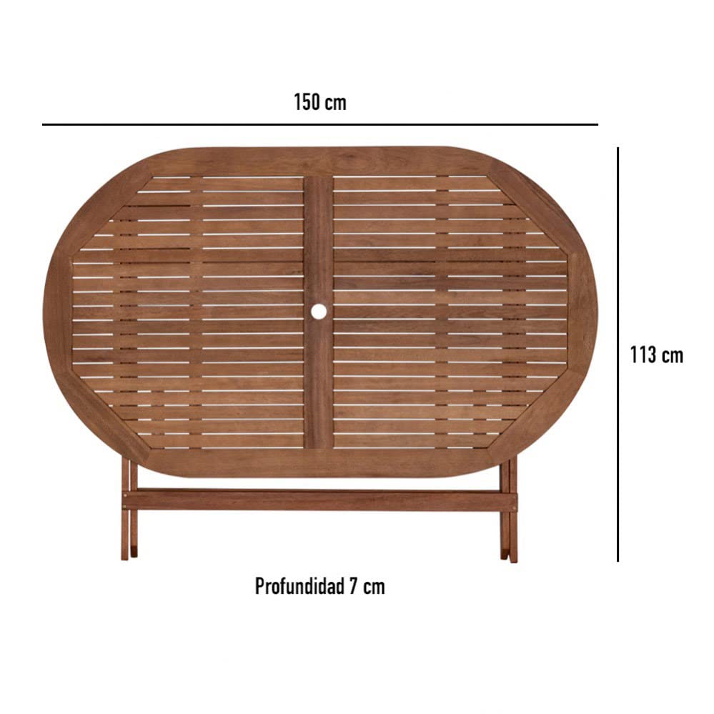 AKTIVE 61002 - Conjunto mesa y sillas de madera para jardín y terraza, incluye mesa plegable 150 x 89 x 74 cm y 6 sillas de madera con cojín