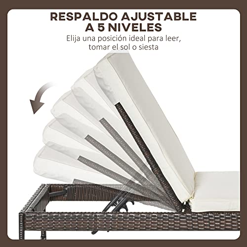 Outsunny Conjunto de 2 Tumbonas de Jardín con Cojines Acolchados Ratán con Mesa Auxiliar para Piscina o Terraza Carga 160 kg 195x60x86 cm Acero Marrón