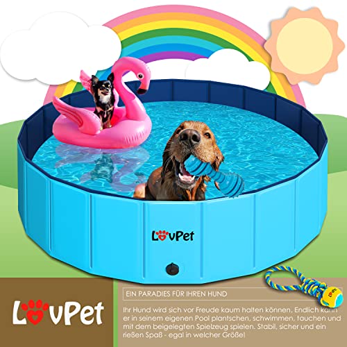 Lovpet® Piscina Plegable para Perros Grandes y pequeños, Incluye Juguete para Perros, Piscinas Plegables para niños y Perros, bañera para Perros, Azul Claro/Azul Marino (L) 120 cm Ø