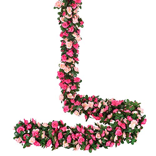 YQing 4 Piezas Artificiales Rosas Flores Guirnalda, 250cm Rosas Falsas Artificial Flor Rosa Vid Planta con Hojas de Hiedra Verde para la decoración del jardín del Banquete de Boda (Rosado)