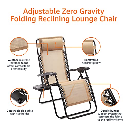 Amazon Basics sillas con gravedad cero y mesa auxiliar, para Oficina, Plegable, Soporte de cabeza, Reclinable, Acero aleado, Paquete de 2, Beige