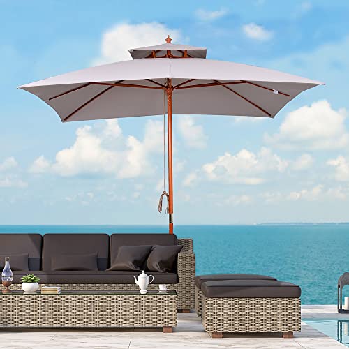 Outsunny Sombrilla de Jardín 3x3x3 m Parasol de Jardín de Bambú con Doble Techo Sistema de Polea Impermeable para Terraza Balcón Exterior Gris