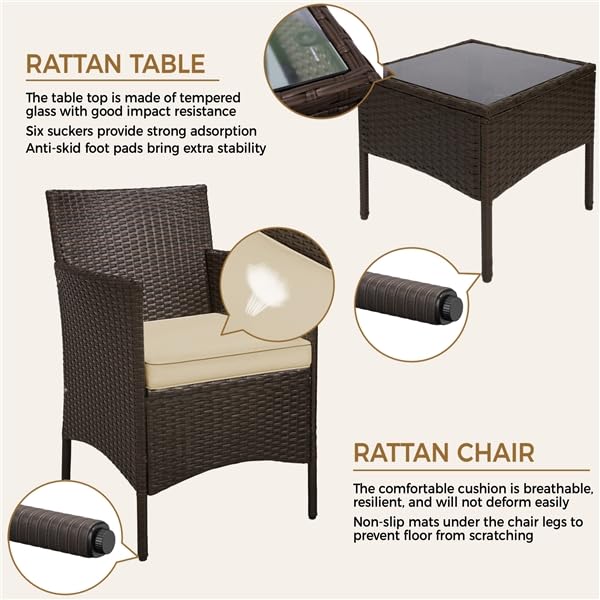 Yaheetech Conjunto de Muebles de Jardín Exterior Juego de Sillas y Mesa Terraza con Cojines Sillas de Ratán PE para Balcon