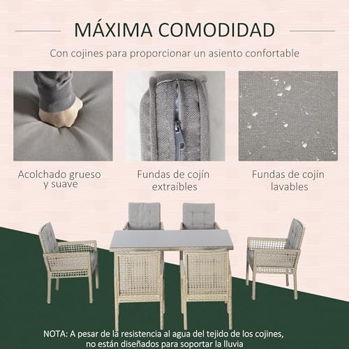 Outsunny Conjunto de Muebles de Comedor para Jardín 7 Piezas 1 Mesa de Vidrio y 6 Sillas de Ratán con Respaldo Transpirable y Cojines Acolchados para Terraza Exterior Gris y Natural