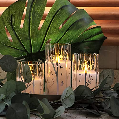 Rhytsing 3 Velas blancas led de Cristal con Mando para Navidad, Velas a Pilas con Temporizador Decorativas Diseño de Abedul, Altura 10cm / 12,5cm / 15cm (Abedul)