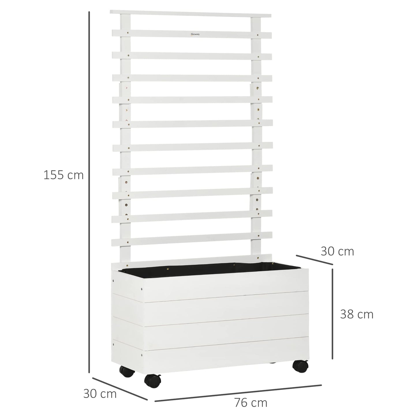 Outsunny Jardinera con Enrejado de Madera Maciza con 4 Ruedas Macetero de Jardín con Soporte para Trepadora y Tela Geotextil para Cultivos Plantas Flores 76x30x155 cm Blanco