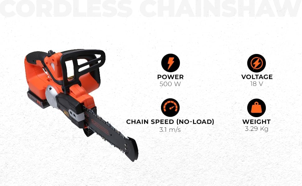 BLACK+DECKER Motosierra a Batería 18V, Batería de litio 2Ah, Espada 20cm, Velocidad Cadena 3,1m/s, Hasta 200 Cortes por Carga, para Poda y Leña - GKC1820L20-QW